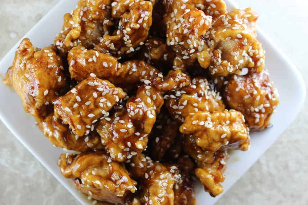 sesame chicken on a plate