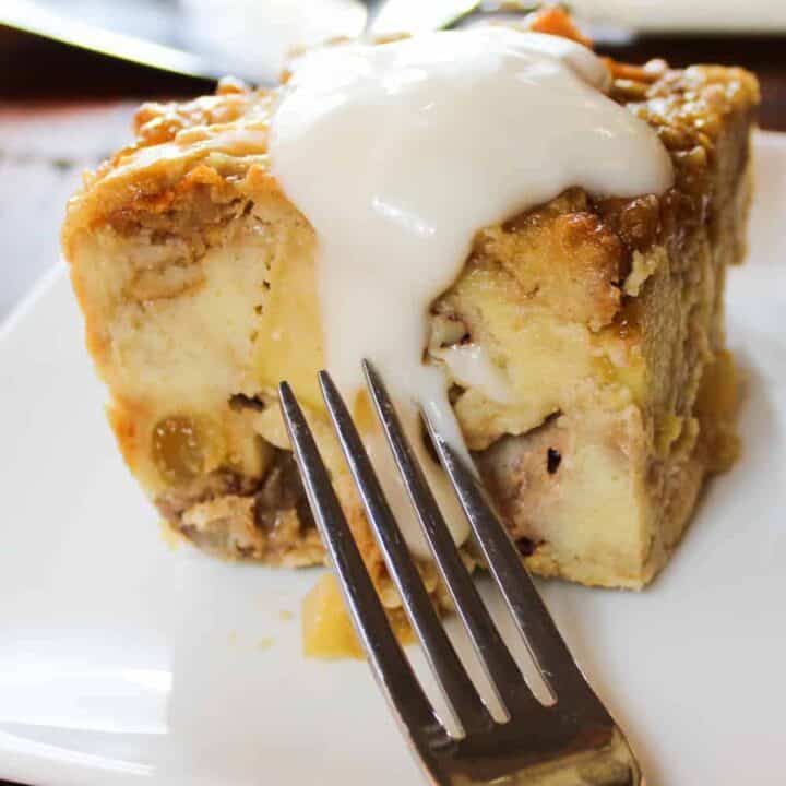 slice of bread pudding with sauce