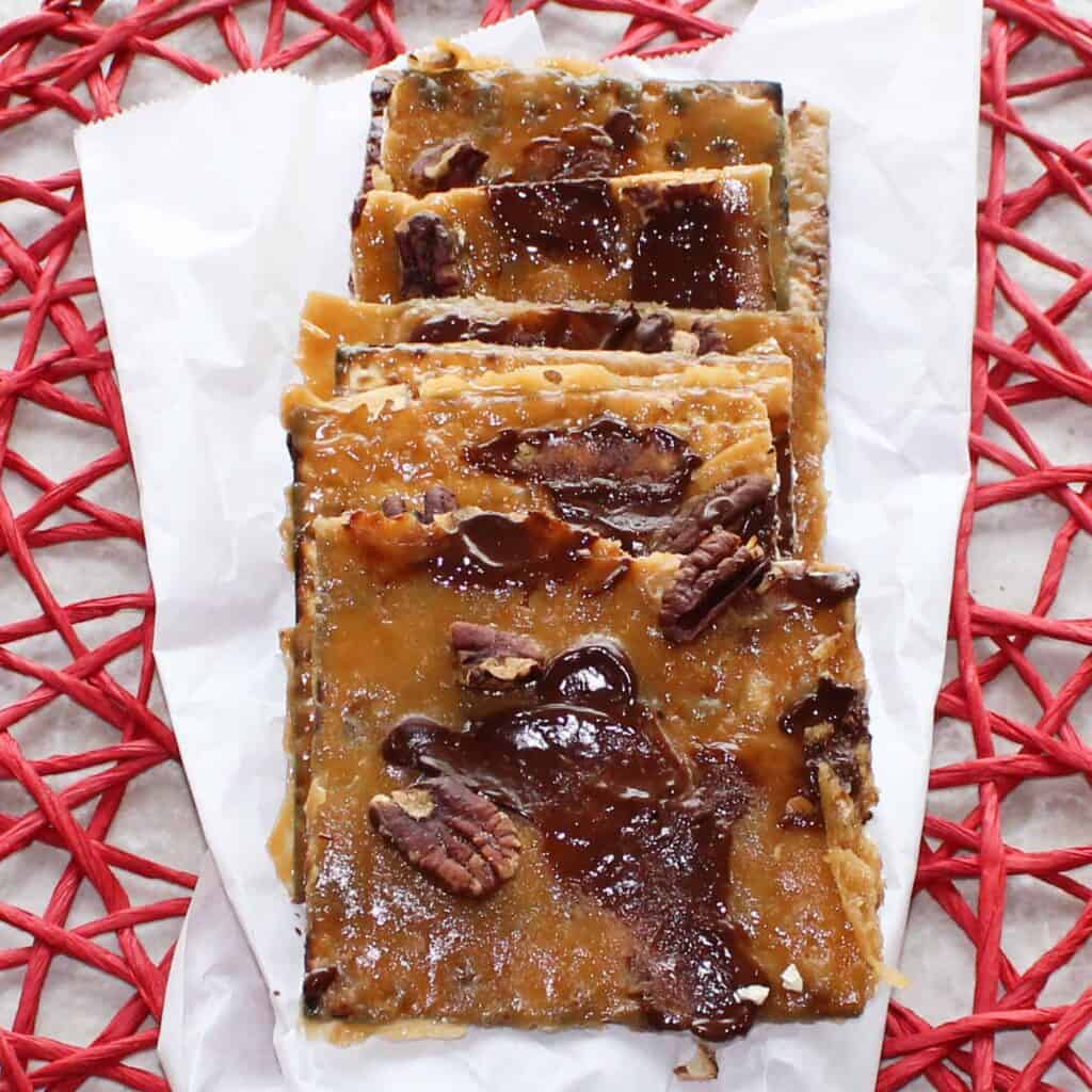 close up of easy matzo crack toffee