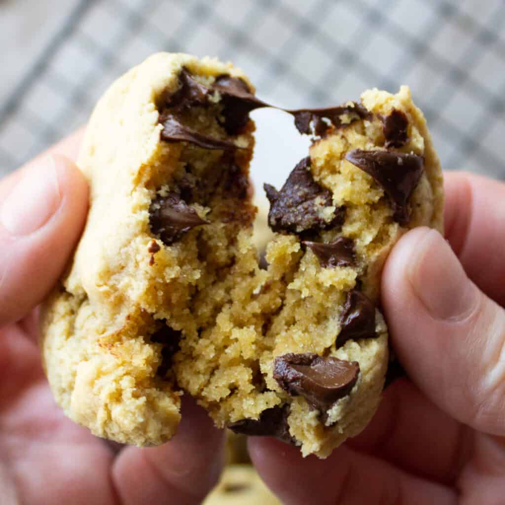 passover chocolate chip cookie being pulled in half