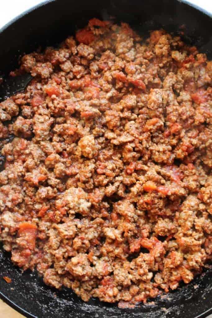 taco meat in a cast iron skillet