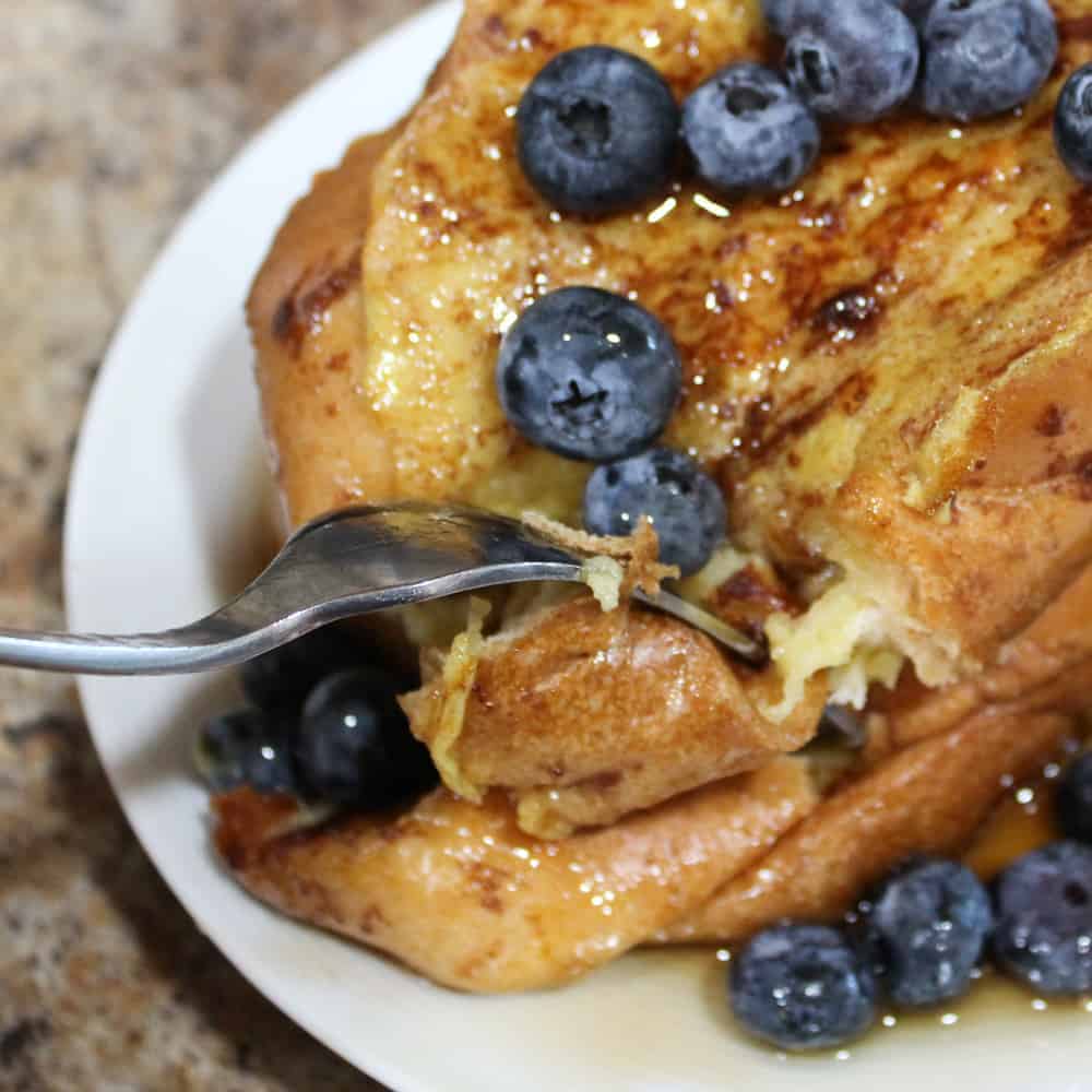 challah french toast on a fork